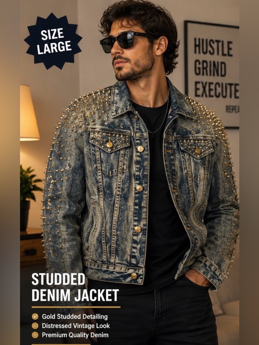 Gold-Studded Washed Denim Jacket - Men